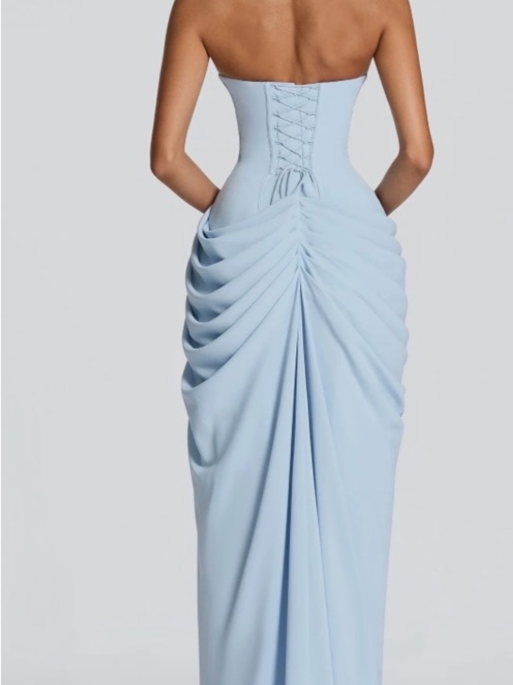 Strapless Corset-Back Evening Gown in Light Blue
